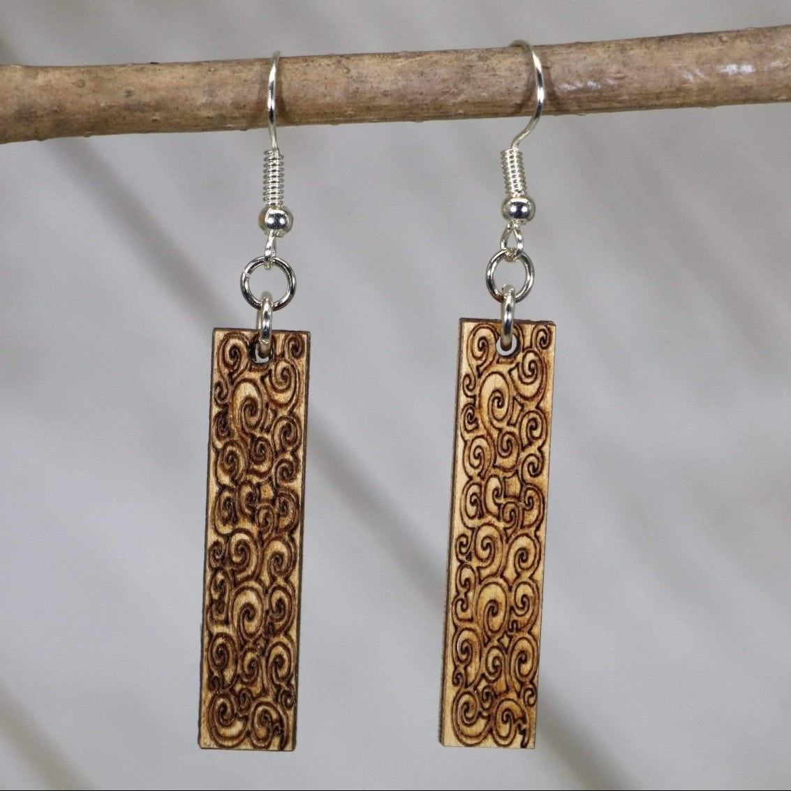 Hand-painted wooden Art Nouveau swirl bar dangle earrings with elegant flowing design and hypoallergenic sterling silver hooks, lightweight vintage statement jewelry earrings for graceful botanical style