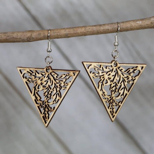 Hand-painted wooden Art Nouveau triangle dangle earrings featuring a nature-inspired filigree design with flowing lines and organic detail and hypoallergenic sterling silver hooks, lightweight jewelry for vintage style lovers and botanical art enthusiasts by Cate’s Concepts
