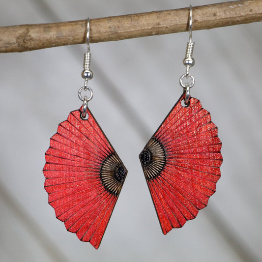  Hand-painted wooden Asian fan dangle earrings with decorative folding fan design and hypoallergenic sterling silver hooks, lightweight statement jewelry earrings for elegant cultural-inspired and vintage style red