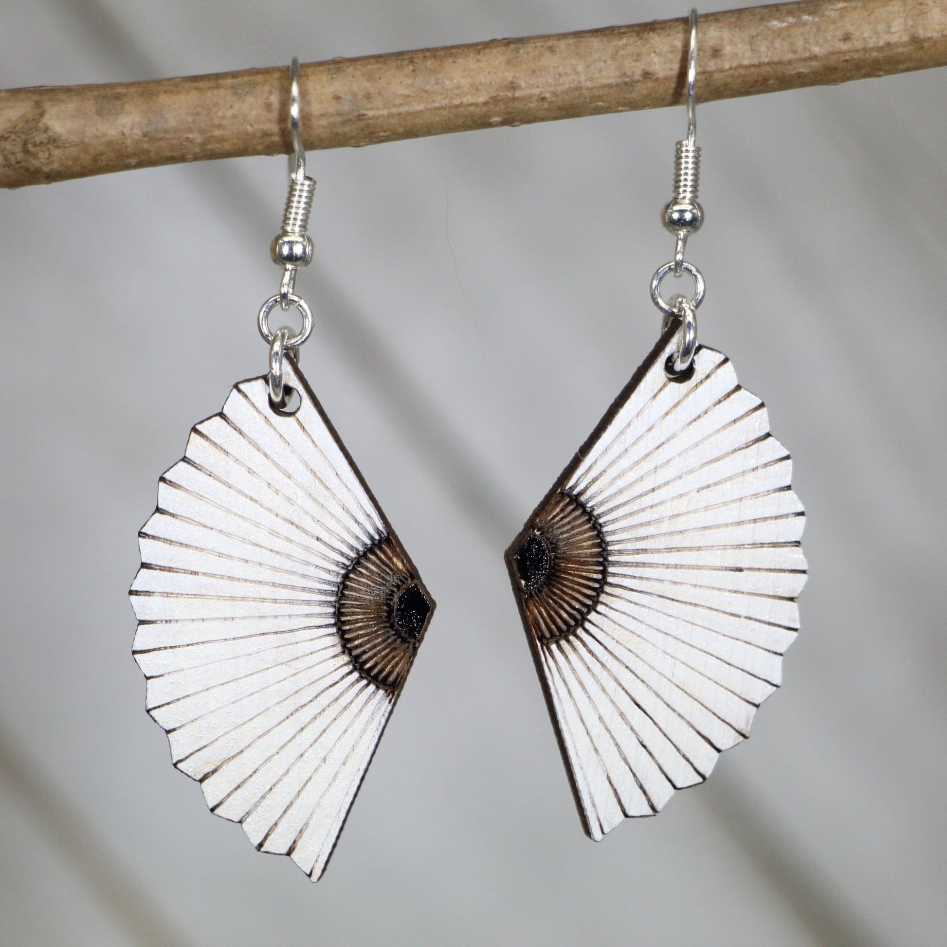 Hand-painted wooden Asian fan dangle earrings with decorative folding fan design and hypoallergenic sterling silver hooks, lightweight statement jewelry earrings for elegant cultural-inspired and vintage style white
