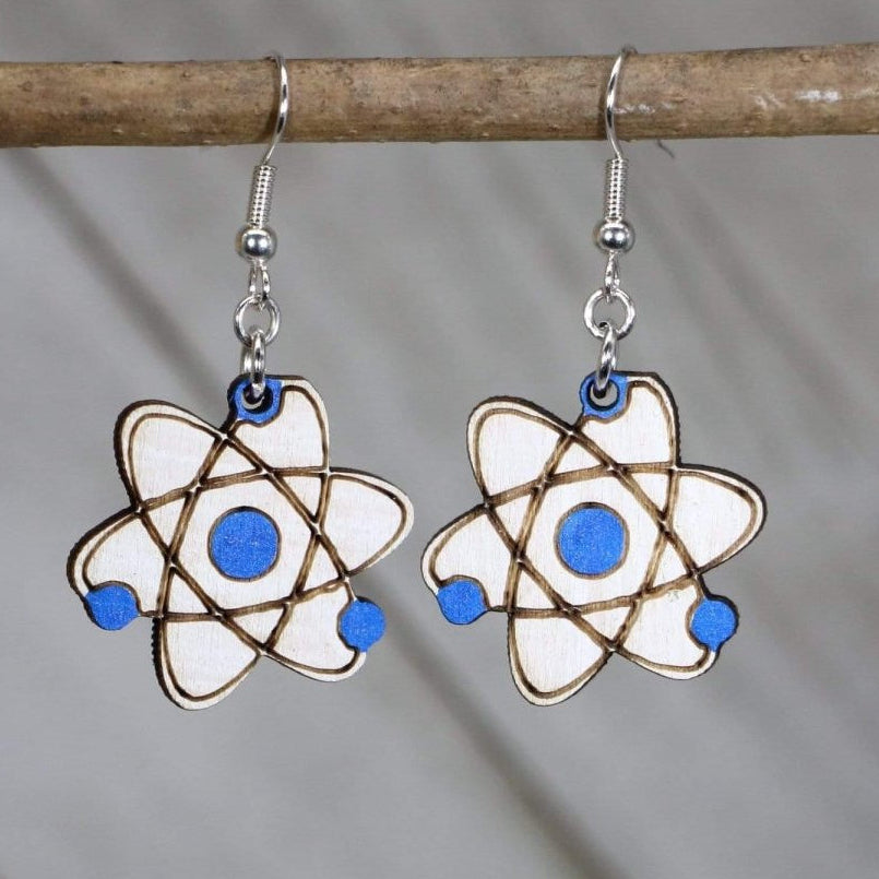 Hand-painted wooden atom dangle earrings with orbital science design and hypoallergenic sterling silver hooks, lightweight STEM statement jewelry earrings for science lovers and teacher