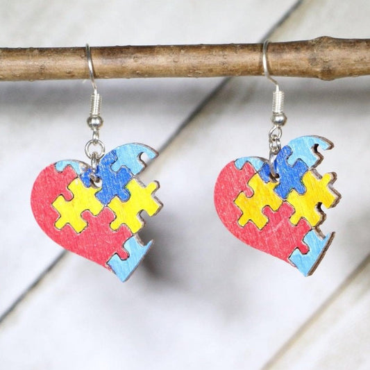 Hand-painted wooden autism puzzle heart dangle earrings with colorful awareness design and hypoallergenic sterling silver hooks, lightweight autism statement jewelry earrings for advocacy, support, and meaningful everyday style
