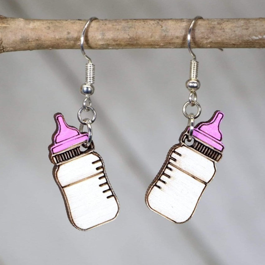 Hand-painted wooden baby bottle dangle earrings with cute new mom design and hypoallergenic sterling silver hooks, lightweight baby shower statement jewelry earrings for moms, nurses, and parenting style pink