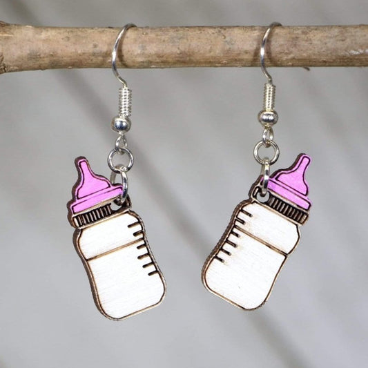 Hand-painted wooden baby bottle dangle earrings with cute new mom design and hypoallergenic sterling silver hooks, lightweight baby shower statement jewelry earrings for moms, nurses, and parenting style pink