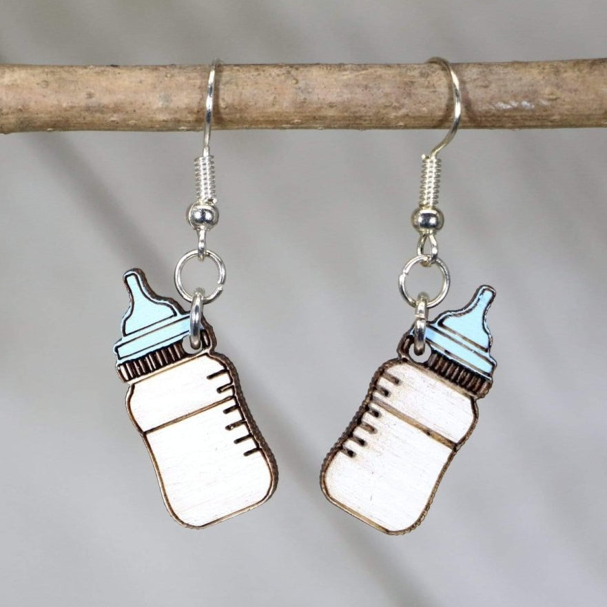 Hand-painted wooden baby bottle dangle earrings with cute new mom design and hypoallergenic sterling silver hooks, lightweight baby shower statement jewelry earrings for moms, nurses, and parenting style blue