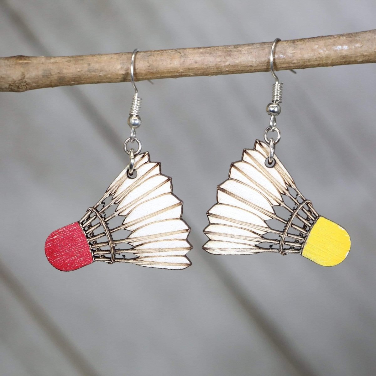Hand-painted wooden badminton shuttlecock dangle earrings with detailed sports design and hypoallergenic sterling silver hooks, lightweight badminton statement jewelry earrings for players, fans, and sporty style