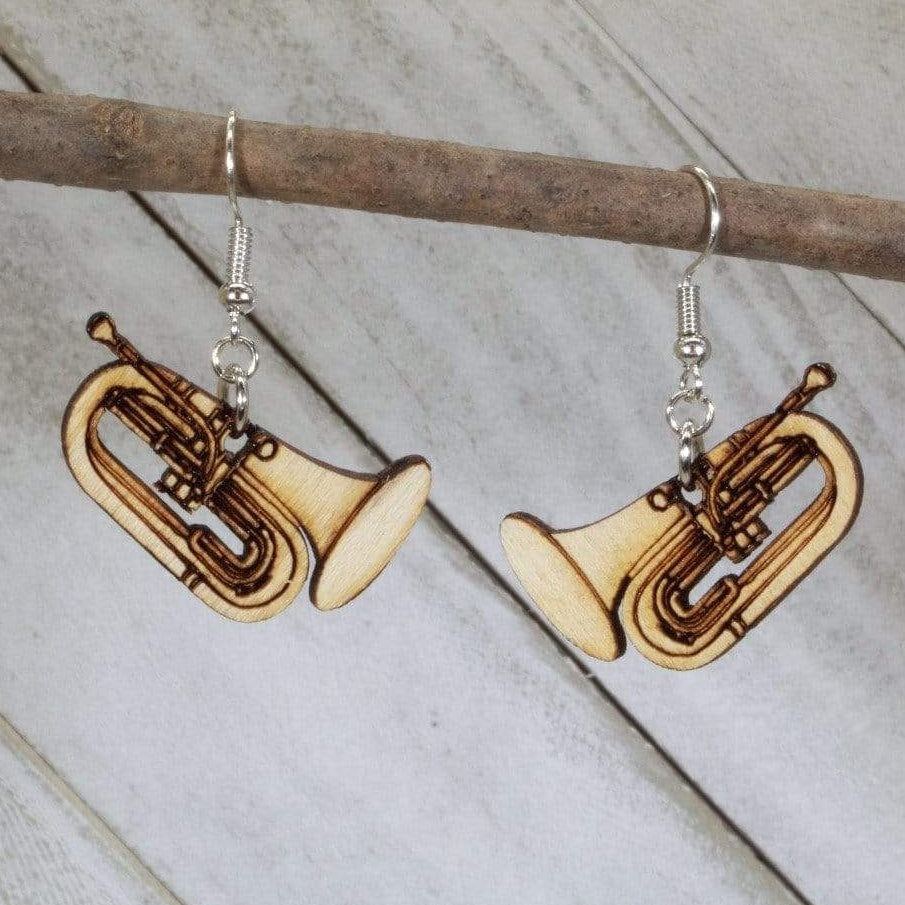 Hand-painted wooden baritone horn dangle earrings with detailed brass instrument design and hypoallergenic sterling silver hooks, lightweight band statement jewelry earrings for musicians, band students, and music lovers