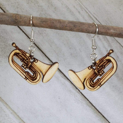 Hand-painted wooden baritone horn dangle earrings with detailed brass instrument design and hypoallergenic sterling silver hooks, lightweight band statement jewelry earrings for musicians, band students, and music lovers