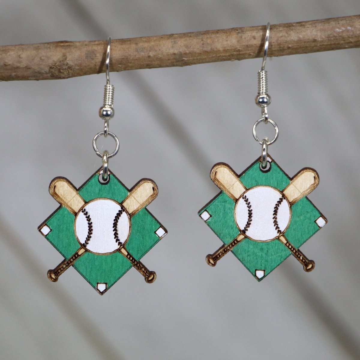 Hand-painted wooden baseball diamond dangle earrings with classic field design and hypoallergenic sterling silver hooks, lightweight baseball statement jewelry earrings for players, fans, and baseball moms