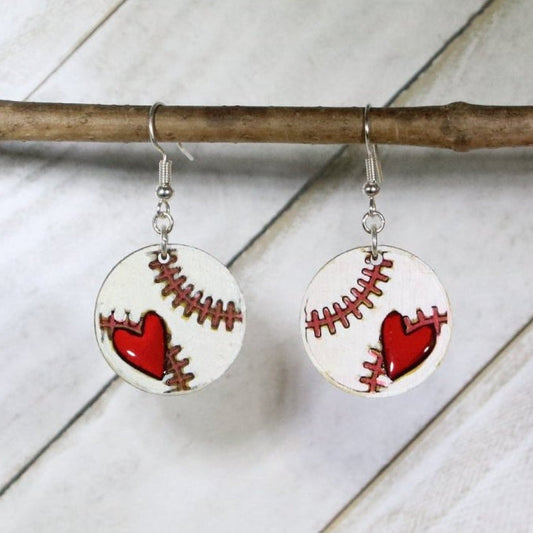 Heart Baseball Dangle Earrings - - Cate's Concepts, Hand-painted wood and resin baseball heart dangle earrings with sporty heart design and hypoallergenic sterling silver hooks, lightweight baseball mom statement jewelry for players, fans, and proud sports moms