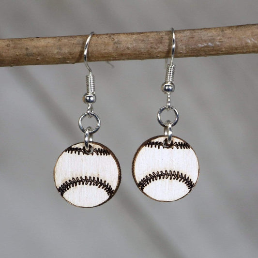 Hand-painted wooden baseball dangle earrings with classic sports ball design and hypoallergenic sterling silver hooks, lightweight baseball statement jewelry earrings for players, fans, and baseball moms