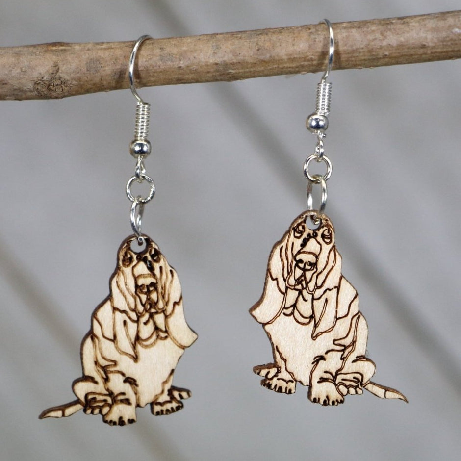 Hand-painted wooden basset hound dangle earrings with adorable dog lover design and hypoallergenic sterling silver hooks, lightweight basset hound statement jewelry earrings for pet lovers and dog moms