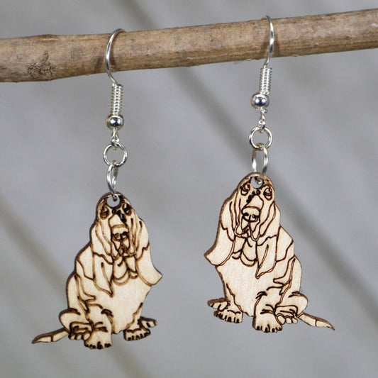 Hand-painted wooden basset hound dangle earrings with adorable dog lover design and hypoallergenic sterling silver hooks, lightweight basset hound statement jewelry earrings for pet lovers and dog moms