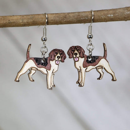Hand-painted wooden beagle dangle earrings with cute dog lover design and hypoallergenic sterling silver hooks, lightweight beagle statement jewelry earrings for pet lovers