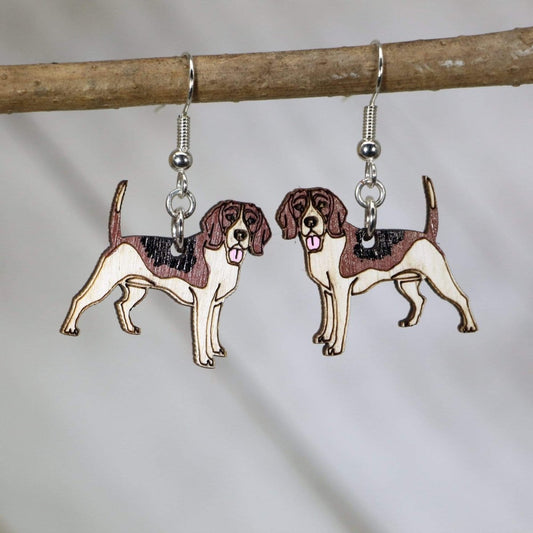 Hand-painted wooden beagle dangle earrings with cute dog lover design and hypoallergenic sterling silver hooks, lightweight beagle statement jewelry earrings for pet lovers
