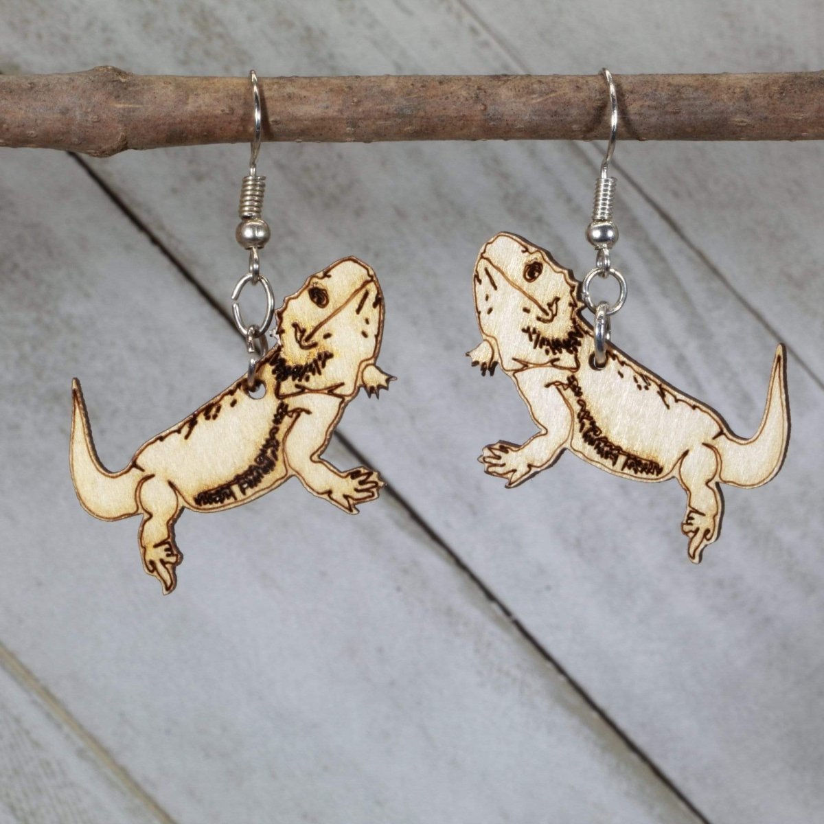 Hand-painted wooden bearded dragon dangle earrings with realistic lizard design and hypoallergenic sterling silver hooks, reptile lover animal jewelry earrings for exotic pet fans