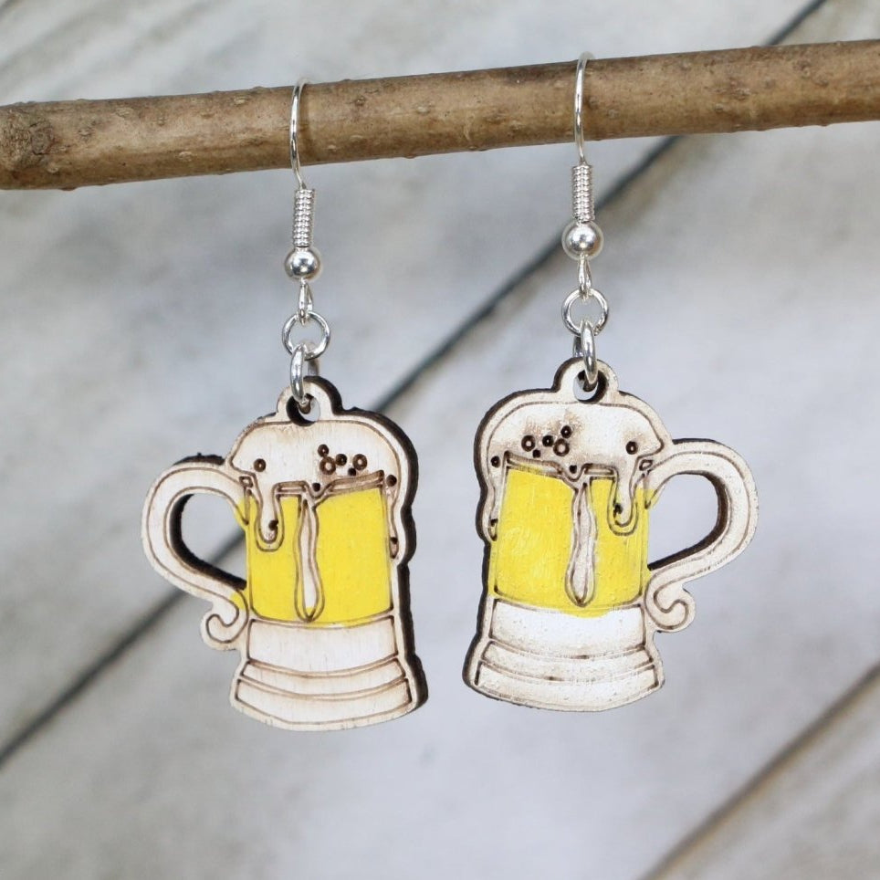 Hand-painted wooden beer mug dangle earrings with Oktoberfest beer lover design and hypoallergenic sterling silver hooks, festive brewery party jewelry earrings for beer fans