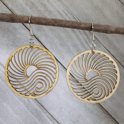Hand-painted wooden big wave circle dangle earrings with ocean surf design and hypoallergenic sterling silver hooks, lightweight wave statement jewelry earrings for beach lovers and coastal style 