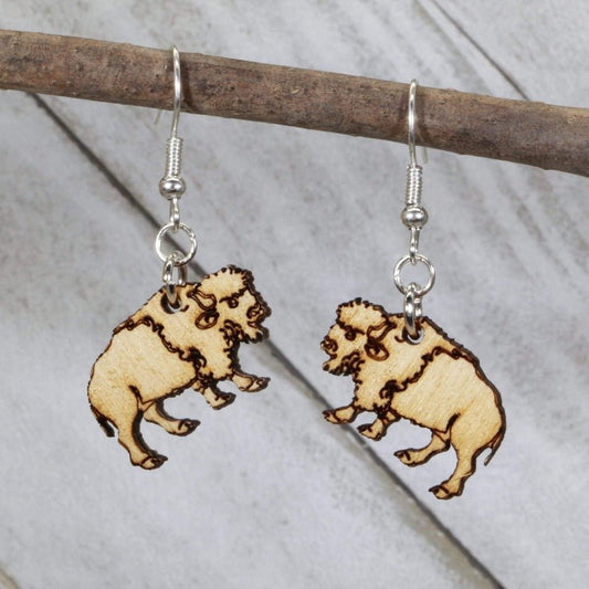 Hand-painted wooden bison dangle earrings with detailed western animal design and hypoallergenic sterling silver hooks, lightweight bison statement jewelry earrings for wildlife lovers and rustic style