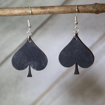 Hand-painted wooden black spade dangle earrings with classic playing card suit design and hypoallergenic sterling silver hooks, lightweight spade statement jewelry earrings for poker nights and bold casino style