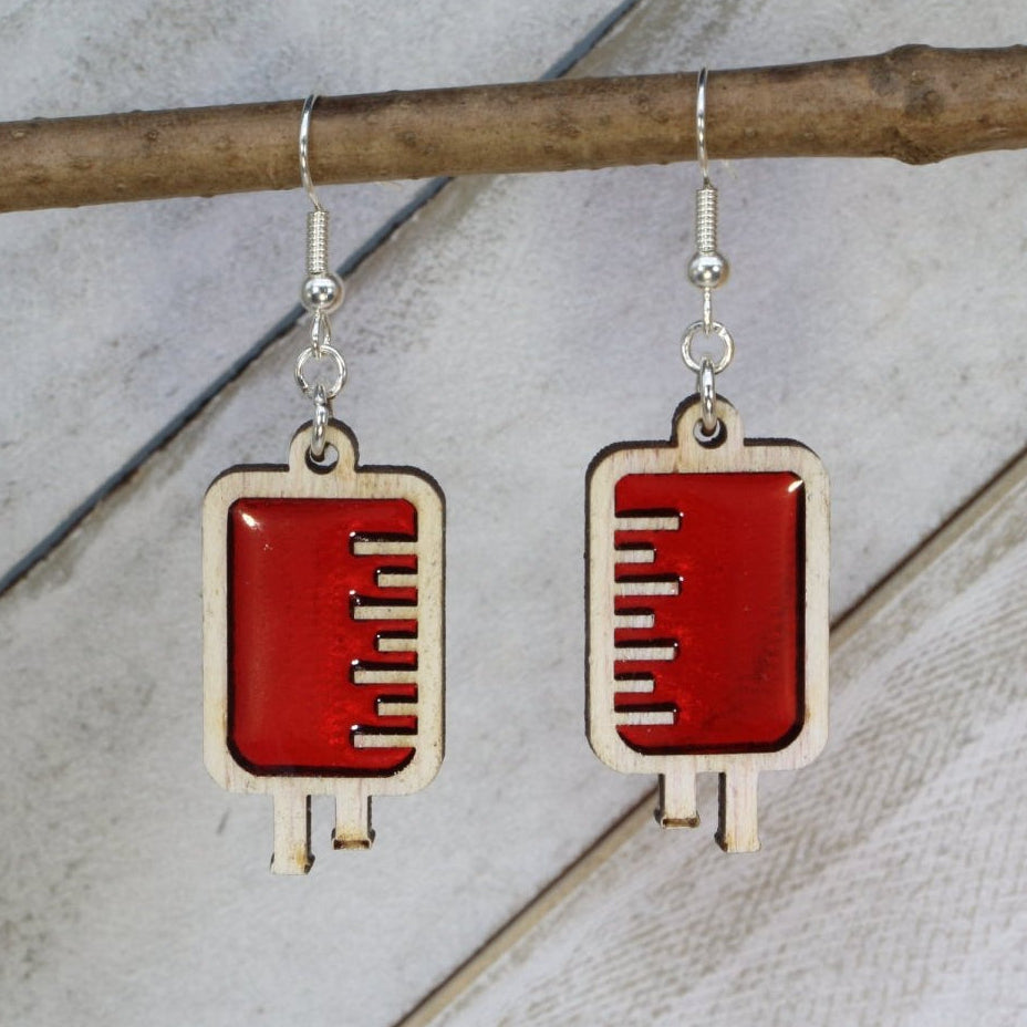 and-painted wooden blood bag dangle earrings with medical nurse design and hypoallergenic sterling silver hooks, lightweight healthcare statement jewelry earrings for nurses, phlebotomists, and medical professionals