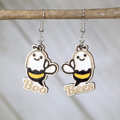 Hand-painted wooden boo bees dangle earrings with cute ghost bee Halloween design and hypoallergenic sterling silver hooks, lightweight funny spooky statement jewelry earrings for fall style