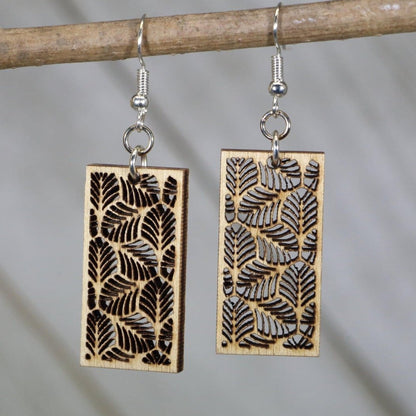 Hand-painted wooden botanical bar dangle earrings with minimalist plant design and hypoallergenic sterling silver hooks, lightweight botanical statement jewelry earrings for nature lovers and modern style