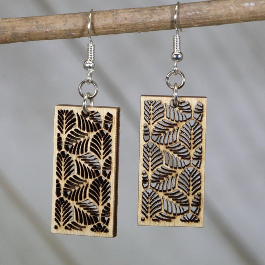 Hand-painted wooden botanical bar dangle earrings with minimalist plant design and hypoallergenic sterling silver hooks, lightweight botanical statement jewelry earrings for nature lovers and modern style