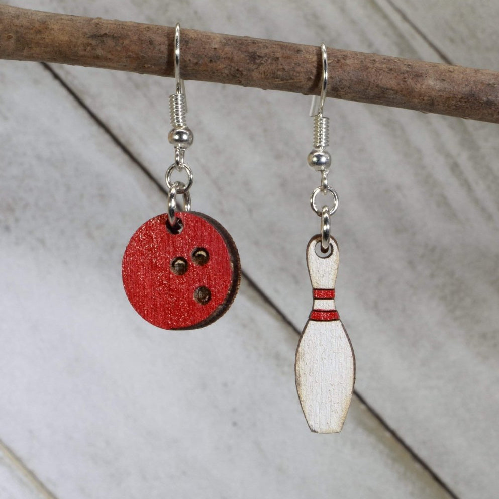 Hand-painted wooden bowling pin and ball dangle earrings with retro sports design and hypoallergenic sterling silver hooks, lightweight bowling statement jewelry earrings for league nights and bowling lovers
