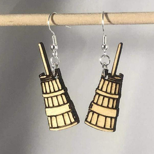 Hand-painted wooden butter churn dangle earrings with rustic farmhouse kitchen design and hypoallergenic sterling silver hooks, lightweight country statement jewelry earrings for homestead and vintage decor lovers
