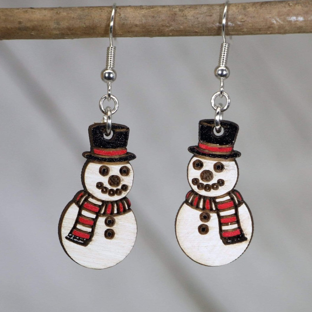 Hand-painted wooden button nose snowman dangle earrings with cute Christmas holiday design and hypoallergenic sterling silver hooks, lightweight snowman statement jewelry earrings for festive winter style