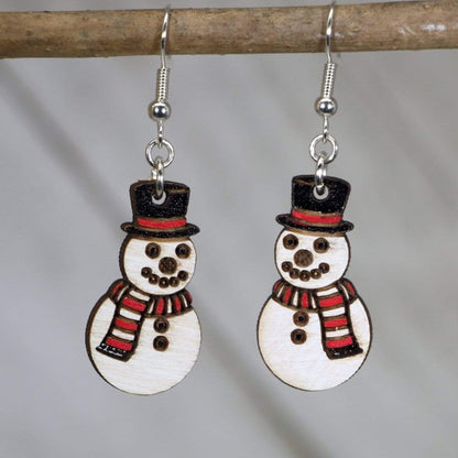 Hand-painted wooden button nose snowman dangle earrings with cute Christmas holiday design and hypoallergenic sterling silver hooks, lightweight snowman statement jewelry earrings for festive winter style
