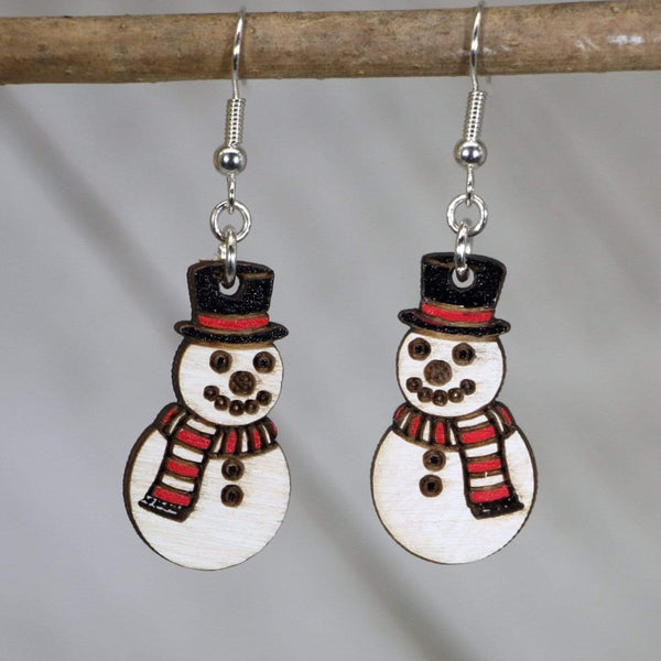 Button Nose Snowman Wooden Dangle Earrings | Christmas Jewelry