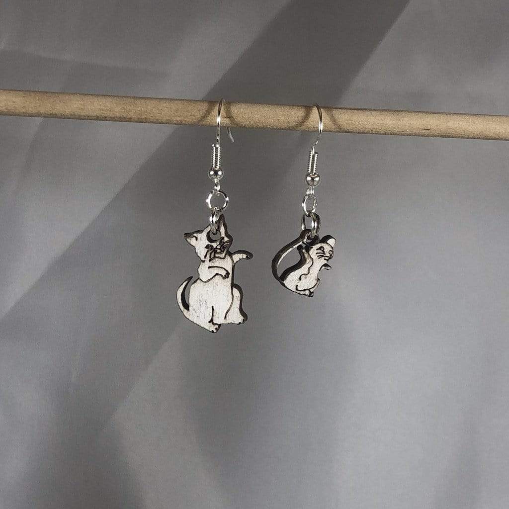 Hand-painted wooden cat and mouse mismatched dangle earrings with playful animal design and hypoallergenic sterling silver hooks, lightweight cat mouse statement jewelry earrings for fun and quirky style 