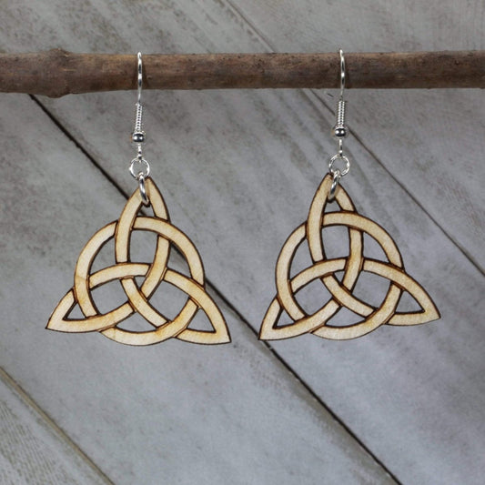 Hand-painted wooden Celtic trinity knot dangle earrings with traditional Irish symbol design and hypoallergenic sterling silver hooks, lightweight Celtic statement jewelry earrings for spiritual and heritage-inspired style