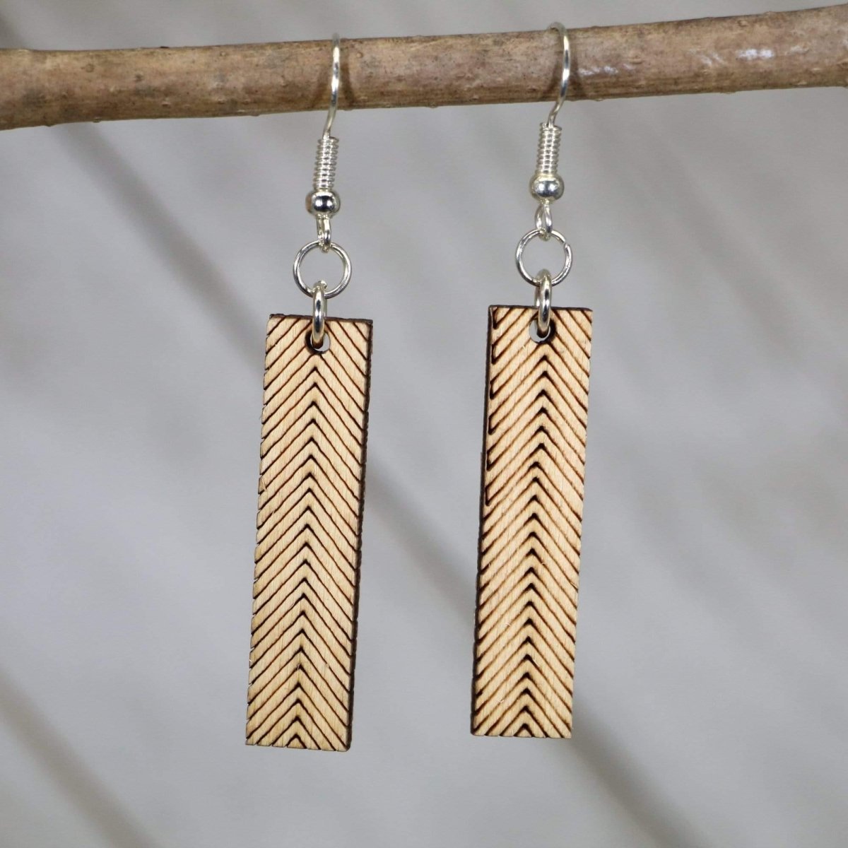 Hand-painted wooden chevron bar dangle earrings with sleek geometric design and hypoallergenic sterling silver hooks, lightweight modern statement jewelry earrings for minimalist everyday style 