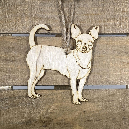 Hand-painted wooden chihuahua Christmas ornament featuring a cute small dog design with perky ears and expressive face, festive holiday decor for dog lovers and chihuahua enthusiasts by Cate’s Concepts