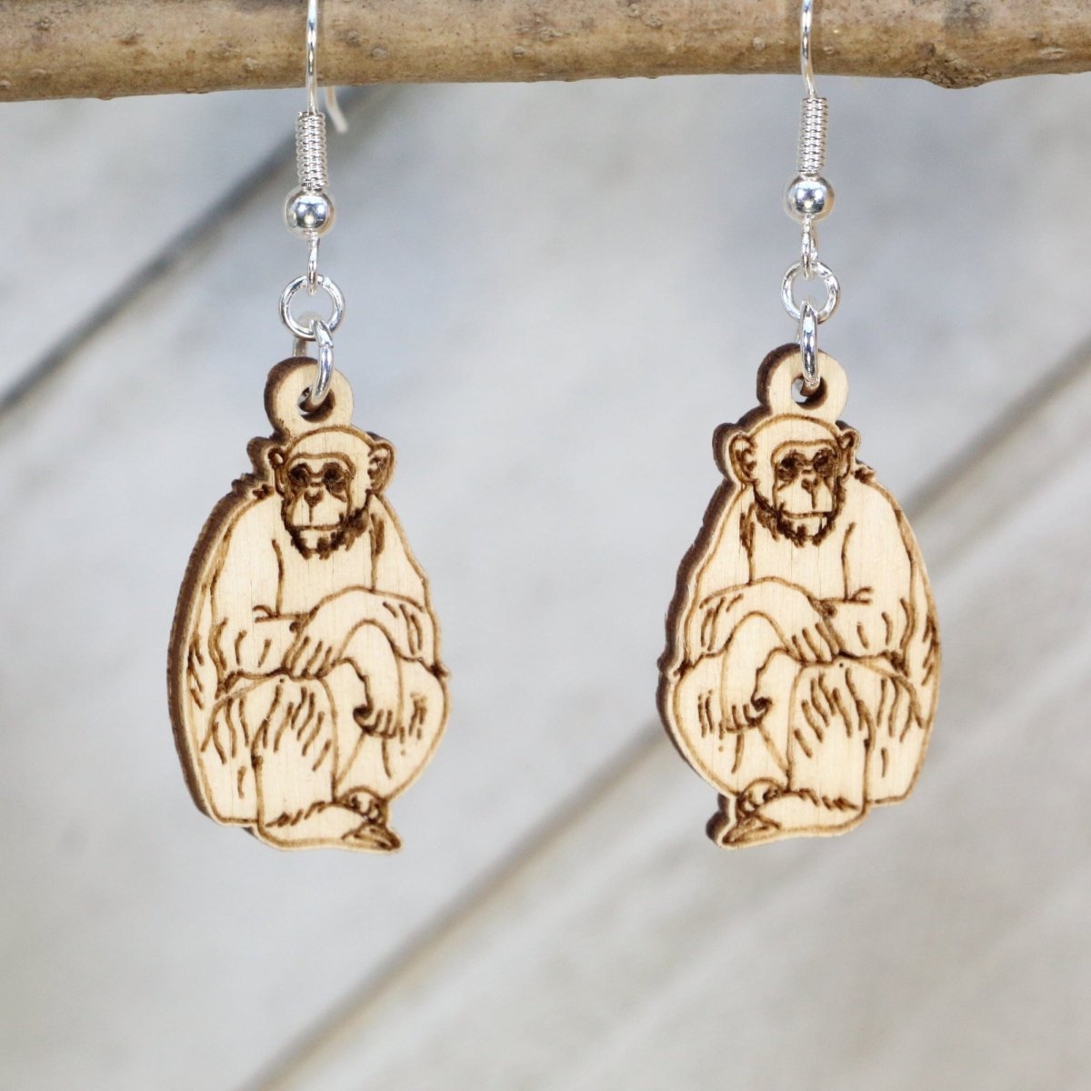 Hand-painted wooden chimpanzee dangle earrings with detailed primate wildlife design and hypoallergenic sterling silver hooks, primate wildlife statement jewelry for animal lovers, zoo fans, and nature enthusiasts
