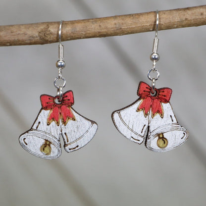 Hand-painted wooden Christmas bells dangle earrings with festive holiday design and hypoallergenic sterling silver hooks, lightweight bell statement jewelry earrings for winter and Christmas style