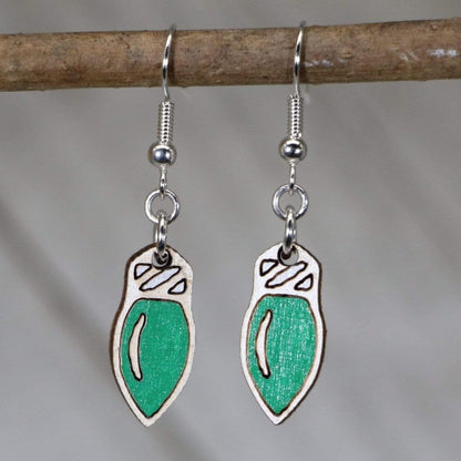 Hand-painted wooden Christmas lights dangle earrings with festive holiday string light design and hypoallergenic sterling silver hooks, lightweight holiday statement jewelry earrings for merry winter style green