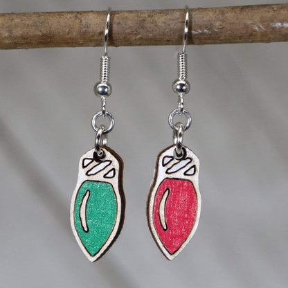 Hand-painted wooden Christmas lights dangle earrings with festive holiday string light design and hypoallergenic sterling silver hooks, lightweight holiday statement jewelry earrings for merry winter style red green