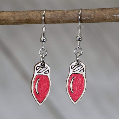 Hand-painted wooden Christmas lights dangle earrings with festive holiday string light design and hypoallergenic sterling silver hooks, lightweight holiday statement jewelry earrings for merry winter style red