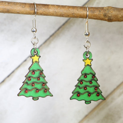 Hand-painted wooden Christmas tree dangle earrings with festive holiday design and hypoallergenic sterling silver hooks, lightweight tree statement jewelry earrings for winter and Christmas style