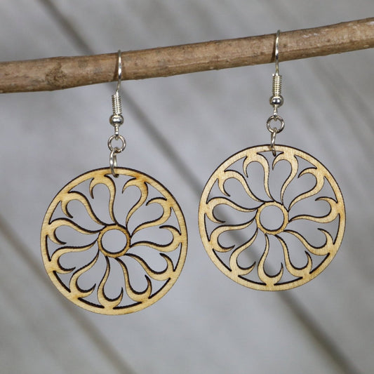 Hand-painted wooden circle cutout flower dangle earrings with boho floral design and hypoallergenic sterling silver hooks, lightweight flower statement jewelry earrings for bohemian and nature-inspired style