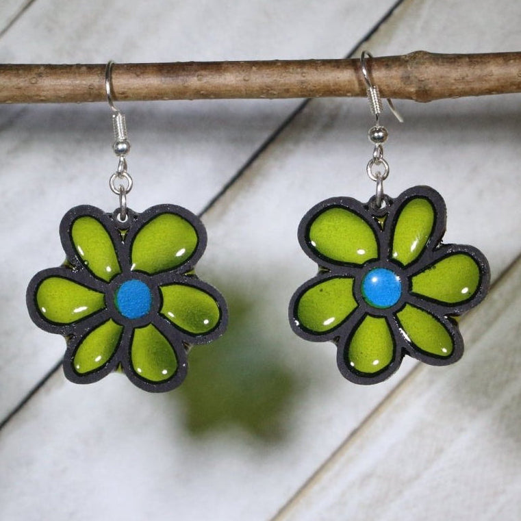 Hand-painted wood and resin classic flower dangle earrings with timeless floral design and hypoallergenic sterling silver hooks, lightweight flower statement jewelry earrings for botanical lovers and everyday style