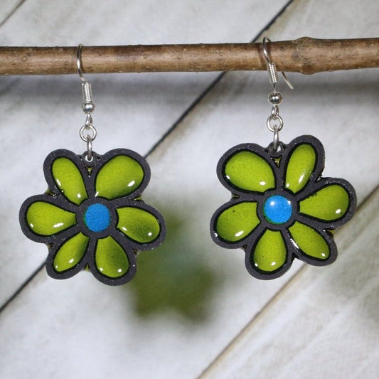 Hand-painted wood and resin classic flower dangle earrings with timeless floral design and hypoallergenic sterling silver hooks, lightweight flower statement jewelry earrings for botanical lovers and everyday style