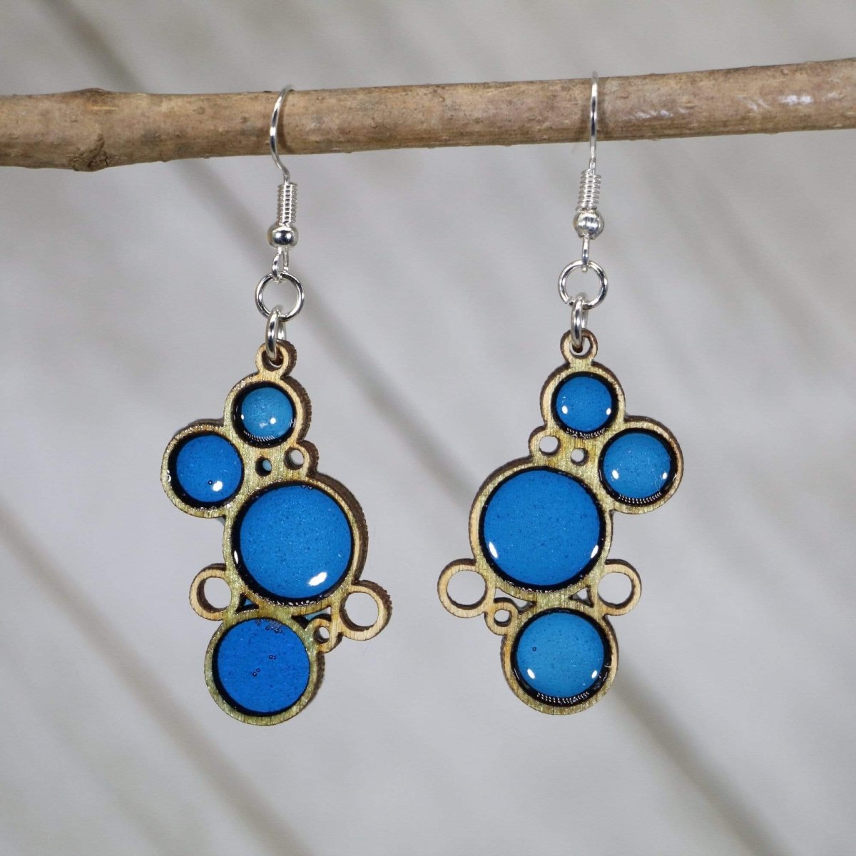 Hand-painted wood and resin colorful blue boho bubble dangle earrings with retro geometric design and hypoallergenic sterling silver hooks, lightweight retro statement jewelry earrings for bold vintage style