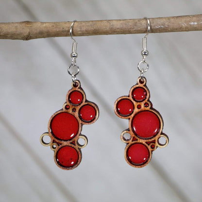 Hand-painted wood and resin colorful  red boho bubble dangle earrings with retro geometric design and hypoallergenic sterling silver hooks, lightweight retro statement jewelry earrings for bold vintage style