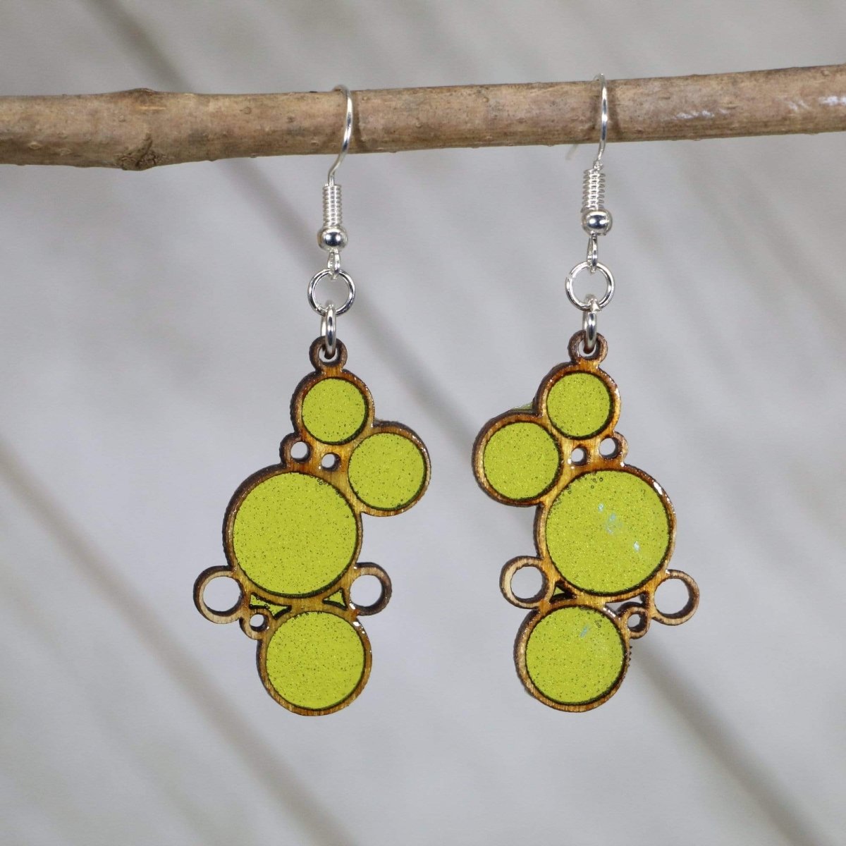 Hand-painted wood and resin colorful yellow boho bubble dangle earrings with retro geometric design and hypoallergenic sterling silver hooks, lightweight retro statement jewelry earrings for bold vintage style