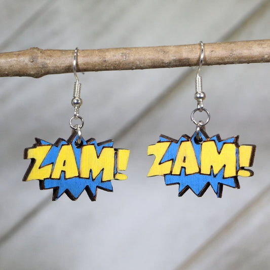 Hand-painted wooden comic ZAM sound effect dangle earrings with bold pop art design and hypoallergenic sterling silver hooks, lightweight comic statement jewelry earrings for retro comic fans and fun style
